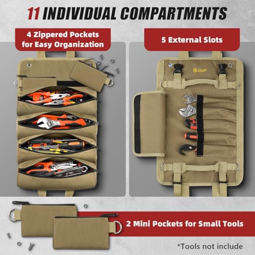 UUP Tool Roll Bag, Heavy Duty Tool Bag Gifts for Men Dad Mechanic, Khaki - color: Khaki