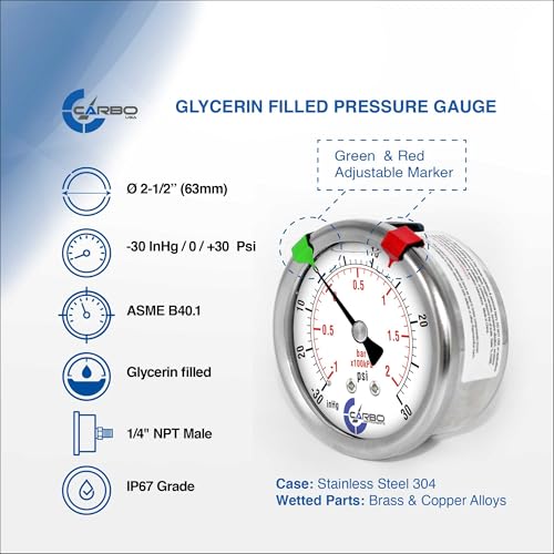 Compound Pressure Gauge -30 inHg to 30 PSI, Liquid Filled, 2.5" Dial, 1/4 NPT Back Mount, 304 Stainless Steel Case, Brass Wetted Parts, PSI/inHg - ASME B40.1 Grade A - size: -30 inHg to 30 PSI, style: STANDARD