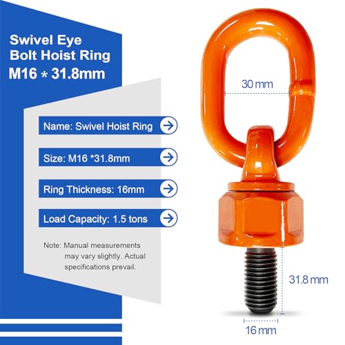 4 Pack Swivel Eye Bolt Hoist Ring M16 x 31.8 G80 Alloy Steel Material, Standard Load Capacity 3300 lbs Swivel Eye Bolt, 360° Rotation Hoist Ring, 1080Mpa Tensile Strength