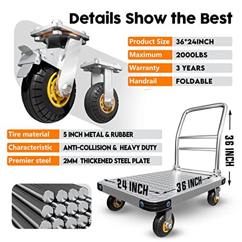 Heavy Duty Platform Truck Flat Moving Cart Hand Trucks,2000Lbs Steel Push Cart Dolly, 36 x 24in Large Flatbed with 5'' 360 Degree Swivel Wheels for Easy Storage - size: 36" L X 24" W