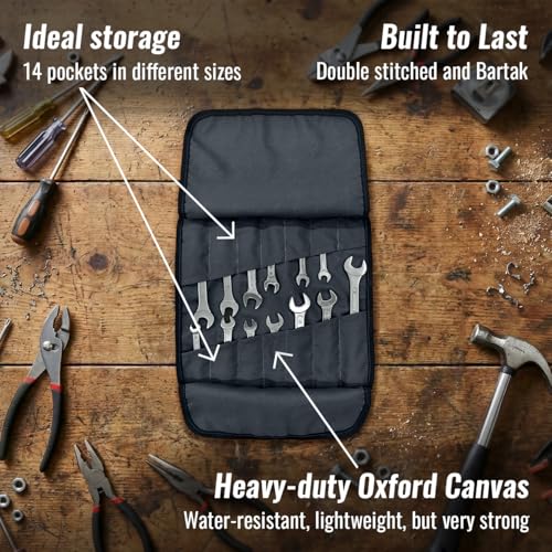 Under NY Sky Tool Roll, 14 Pocket Portable Oxford Canvas Wrench Bag, Gray - size: 14 Slots Gray