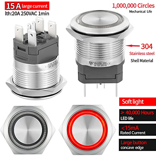 UL Listed 15Amp 22mm Momentary Push Button Switch, IP67 Waterproof, DPST 2NO, Stainless Steel 304, On Off Switch with Wire Socket, 110V Red LED. - color: Red, size: Momentary 120V