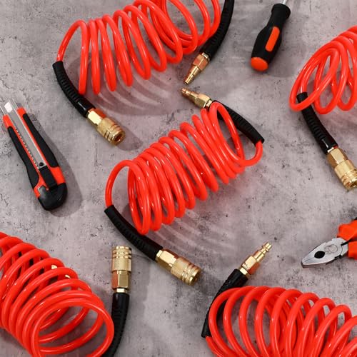 Flutesan 10 Pack 1/4 in x 10 ft Polyurethane Recoil Air Hose,Red - color: Red