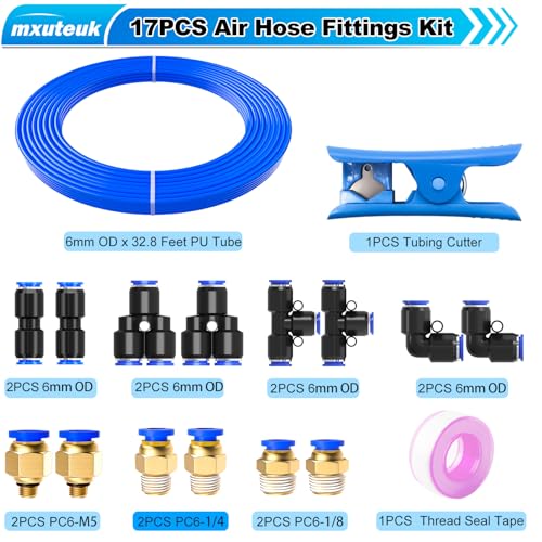 mxuteuk 6mm Air Line Tubing Kit,6mm Air Hose Kit,6 mm x 32.8 Feet(10 Meter) PU Tube with Push to Connect Fittings - color: 6mm Kit