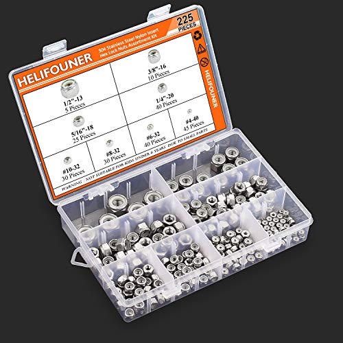 HELIFOUNER 225 Pieces 8 Sizes Nylon Insert Hex Lock Nut Assortment Kit, 304 Stainless Steel (#4-40 to 1/2"-13) - size: #4-40 to 1/2"-13 (225 pcs)