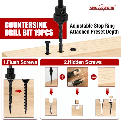 ANGELSWORD Countersink Drill Bit Set for Wood,19pc with Wood Plug Cutter