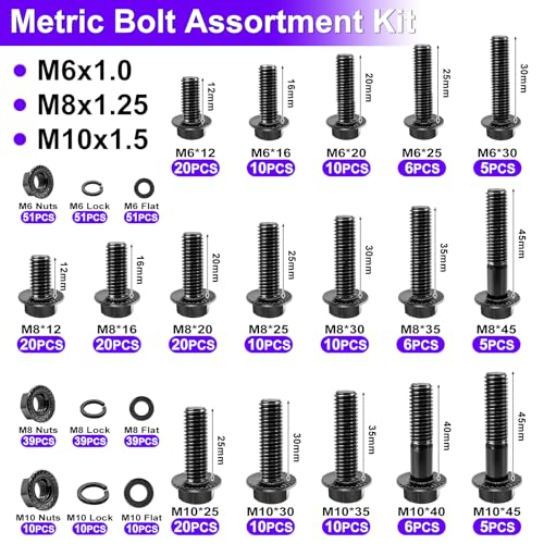 400Pcs Metric Flange Bolt Assortment, Nuts and Bolts Assortment Kit, 10.9 Grade M6x1.0, M8x1.25, M10x1.5 Metric Bolt, Black Hex Bolts and Nuts Washers Kit (12mm to 45mm) - color: Black - M6x1.0 M8x1.25 M10x1.5