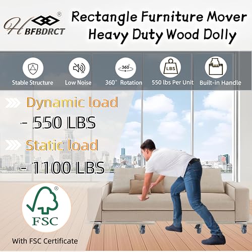 Furniture Dolly 4 Wheels, Furniture Movers, 2 Packs 2200 lb Load Capacity Heavy Duty Real Wood Dolly, Multifunctional Moving cart with 4 Soft Rubber Silent Wheels (2 with Brake+ 2 Without) - size: Real Wood Dolly with Brake Wheels