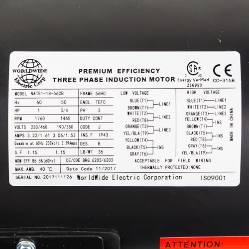 1 HP 3 Phase 56C Frame Electric Motor 1800 RPM TEFC