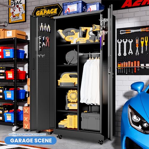 Metal Storage Cabinet for Garage, Tool Cabinet, Utility Cabinet - color: Black, size: L - 2 Doors & Hanging Rod (Wheeled)