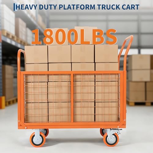6-in-1 Folding Flatbed Dolly, 1800lbs Heavy Duty Platform Cart with Cage - color: Orange