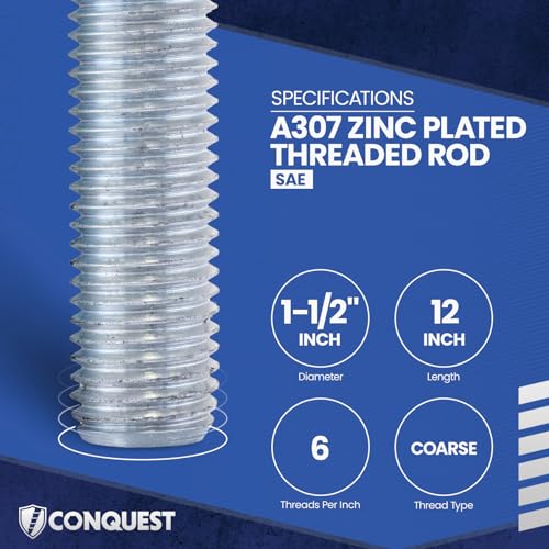 Conquest A307 Zinc Plated Threaded Rod 1-1/2"-6 x 12, - size: 1-1/2"-6 x 1'