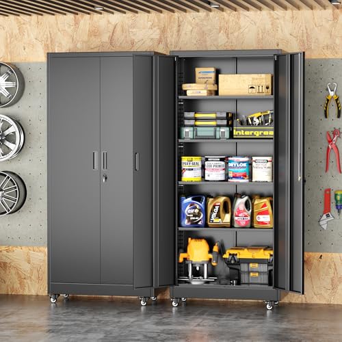 INTERGREAT Metal Storage Cabinet with Wheels, 73" Rolling Storage Cabinets with Door and 4 Shelves, Tall Storage Cabinets Locker on Caster for Home, Office, Black - color: Black, size: 73" H Cabinet