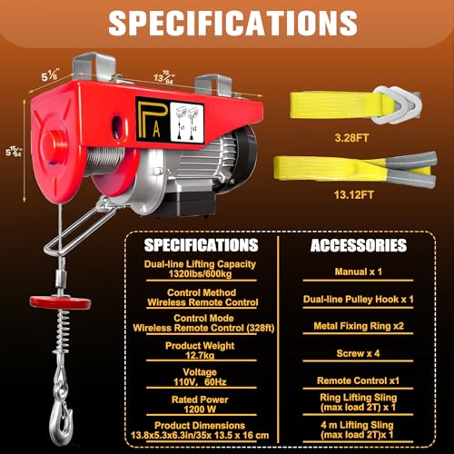 Electric Hoist 1320 LBS Wireless Remote Control with Emergency Stop Winch - style: 1320LBS Wireless