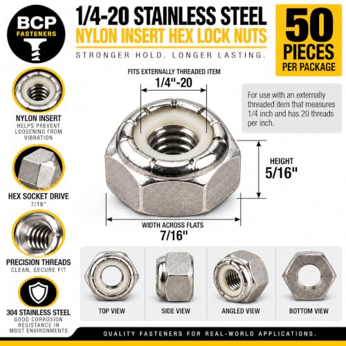 BCP Fasteners 1/4-20 Stainless Steel Nylon Insert Hex Lock Nuts, 50 Pack - size: 1/4-20 (50)