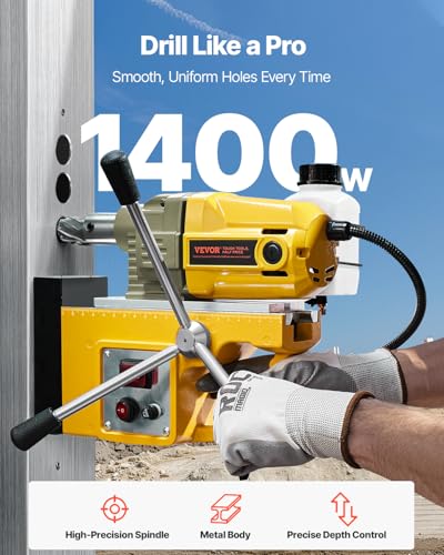 VEVOR Magnetic Drill, 1400W Motor 1.6 in Boring Diameter, 2810 lbf Portable Electric Mag Drill Press, 800 RPM No-Load Speed, Drilling Machine for Metal Surface, Industrial and Home Improvement - size: 1.6 in