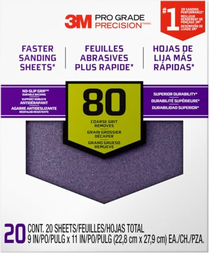 3M Pro Grade Precision Faster Sanding Sheets, 80 Grit, 11 x 9 in, (20 Sheets Total), (Pack of 5) - size: 5-Pack (20 Sheets Total)