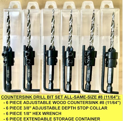 FTG USA 6 Pc #8 (11/64") Countersink Drill Bit Set with Tapered Drill Bits - size: #8, style: Same Sort 6 Pc