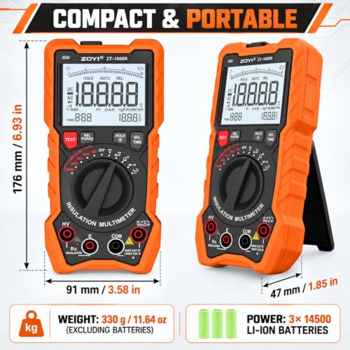 ZOYI ZT-1000R 2 in 1 Megohmmeter Multimeter, 50V/100V/250V/500V/1000V 5 Gear with DAR&PI, Insulation Resistance up to 20GΩ, 19999 Counts Auto Range T-RMS, V,Ω,C,FREQ,Temp, Diode,Continuity Tester