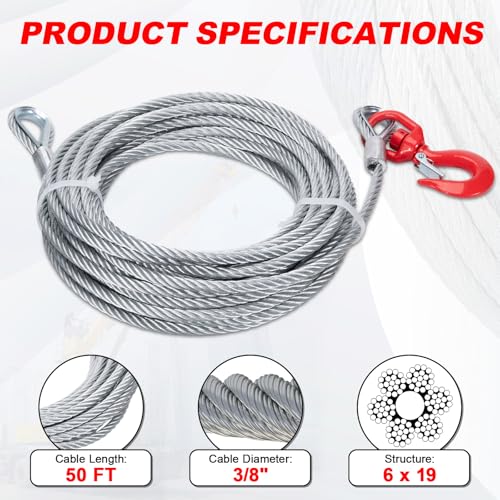 3/8" x 50 FT Steel Winch Cable Replacement - size: 3/8"x50ft