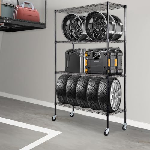 VEVOR Storage Shelving Unit, 4-Tier Adjustable Storage Shelves, 48" L x 18" W x 74" H Garage Storage Shelves, Metal Shelves with Wheels for Kitchen Pantry Basement Bathroom Laundry - color: Black, size: 48" L x 18" W x 74" H
