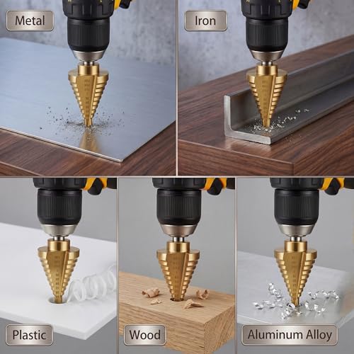 Step Bit-10 Steps Titanium Coating High Speed Steel Step Drill Bit Set Unibit with Dual Flute Straight Grooved for Metal Hole Drilling-1/4 to 1-3/8" - size: 1 pc
