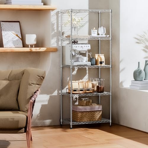 IZEUK 5-Tier Chrome Metal Storage Shelves, Adjustable Wire Shelving Unit for Kitchen, Bathroom, Pantry, Office, Garage, Organizer Wire Rack, 1250 lbs, 13.7" D x 23.6" W x 63" H - color: Chrome, size: 5-Tier,13.7" D x 23.6" W x 63" H