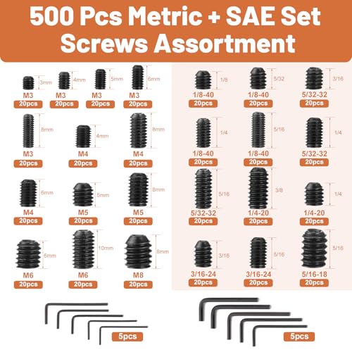 500 Pcs 25 Size Set Screws Metric&SAE Set Screw Assortment Kit 12.9 Alloy Steel Head Socket Metric Set Screws for Bathroom Fixtures Door Handles(M3-M8, 1/8"-40 to 5/16"-18) - color: Black-Metric&SAE-500 Pcs