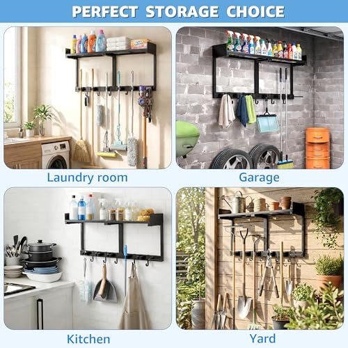 HUFAND 27 Inch Mop and Broom Holder Wall Mount with Storage Shelf & Hooks - color: Black, size: Large