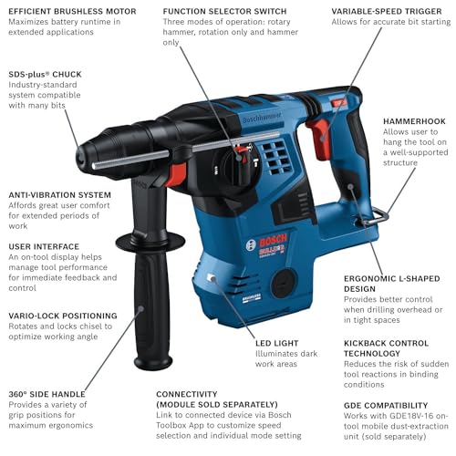 BOSCH GBH18V-28CN 18V Brushless Connected-Ready SDS-plus® Bulldog™ 1-1/8 In. Rotary Hammer (Bare Tool) - style: Tool Only