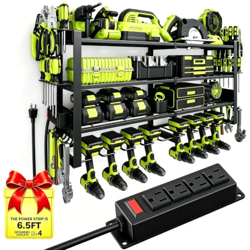 Power Tool Organizer Wall Mount with Charging Station, 8 Drill Holders - size: 32.8" Width 4-Tier