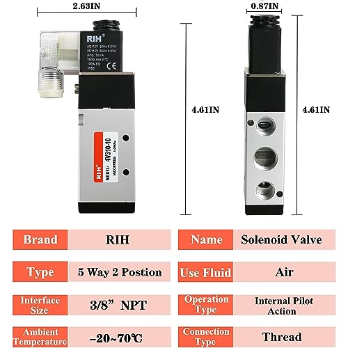 RIH Pneumatics Solenoid Valve 4V310-10 12V/24V/110V Series Single Coil Pilot-Operated Electric 2 Position 5 Way Connection Type (AC110V/Junction Box, 3/8"NPT) - size: AC110V/Junction Box, style: 3/8"NPT