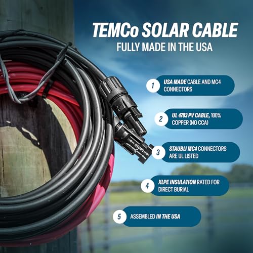 TEMCo Solar Panel Extension Cable 8 AWG 30 Ft Red + 30 Ft Black w/Staubli MC4 Connectors - color: 8 AWG, size: 30 Feet Black + 30 Feet Red