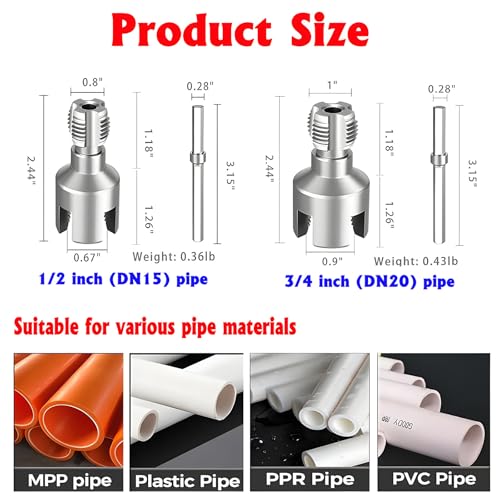 PVC Pipe Threader Kit, 3 Piece Set, 1/2", 3/4", 1" NPT, Internal and External Threading, Compatible with Electric Drill for PVC, PPR, MPP Pipes (1/2in+3/4in) - color: 1/2in+3/4in