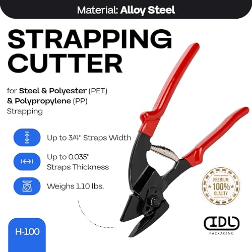 IDL Packaging H-100 Strapping Cutter for Steel & Polyester (PET) & Polypropylene (PP) Banding from 3/8" to 3/4" Width and up to 0.035" Thickness – Regular Duty Strapping Cutter with Ergonomic Handles
