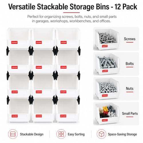 12 Pack Stackable Plastic Parts Bins, 7x5x4 in, White - color: White-12 Pack, size: 7"x5"x4"