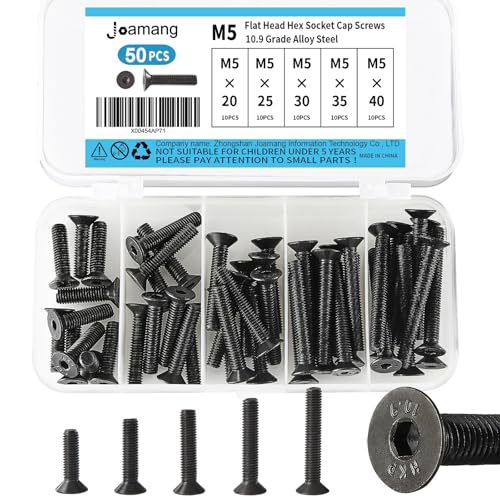 M5 x 20mm 25mm 30mm 35mm 40mm Flat Head Hex Socket Cap Screws Countersunk Bolts, 10.9 Grade Alloy Steel, Black Oxide Finish, Metric Allen Hex Drive, Fully Threaded, Assortment Kit 50Pcs - size: M5 x 20/25/30/35/40 mm