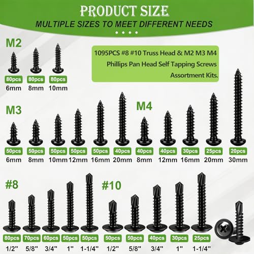 mxuteuk #8#10 & M2 M3 M4 Self Tapping Screws for Metal,410 Stainless Steel - size: BK #8 #10 & M2 M3 M4 Kit
