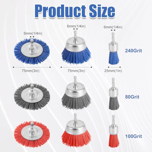 NQEUEPN 9pcs Nylon Wire Wheel & Cup Brush Set for Drill, 3 Sizes Abrasive Brush with 1/4in Hex Shank for Cleaning Sanding Drill Scrub Brush Attachment Remove Paint 80/100/240 Grit, Blue