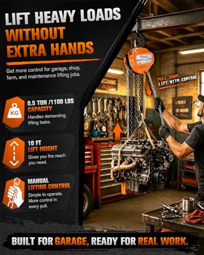 Chain Hoist 1/2 Ton, 1100 lbs Capacity, 10 FT Manual Chain Fall, G80 Alloy Steel Load Chain, Double-Pawl Brake, 360° Swivel Hooks, Heavy Duty Hoist for Garage, Shop, Farm, Warehouse