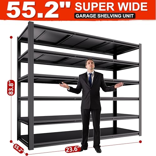 Extra Large 84" Hx 55.12" Wide x 24" D Adjustable Industrial Metal/Steel 6-Shelf-Storage-Rack Heave Duty Utility Tall Garage/Warehouse Shelving Shelves Unit/System for Bin/Shed, Black - size: 6T-83.8"H×55"W×23.6"D