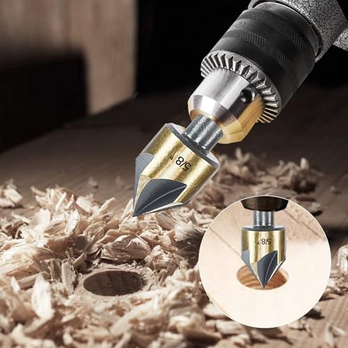 Countersink Drill Bit Set, 5pc, 1/4" Hex Shank, 82 Degree Countersink Holes for Screws to Sit Flush or Under the Surface of Metal Wood Plastic, Sizes 1/4, 3/8, 1/2, 5/8, 3/4 Inches with Storage Case - size: 1/4'',3/8'',1/2'',5/8'',3/4''