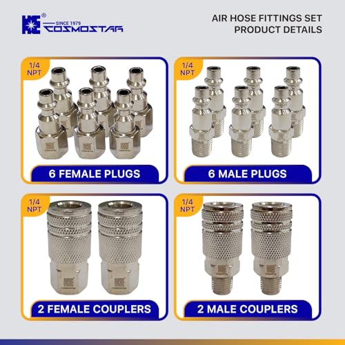 Cosmostar 16-Piece Air Hose Fittings Set | 1/4" NPT Quick Connect Air Coupler & Plug Kit | Industrial Swivel Air Tool Fittings & Compressor Accessories | Universal Auto Shop Air Compressor Adapter