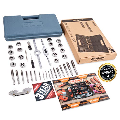 Hi-Spec 39 Piece SAE & Metric Tap & Die Set. Complete M3 to M12 / #4 to 1/2in Fine & Coarse Tools to Cut, Chase and Thread with Screw Pitch Gauge in a Tray Case - size: 39 Piece SAE & Metric