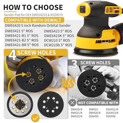5 Inch 8 Holes Hook Loop Orbital Sander Metal Pad Replacement for DeWalt DWE6423 6423K DWE6421 6421K DCW210B with 4 PCS Foam & 36 PCS Sanding Sanding Discs 100 150 180 240 320 400 Grit - size: FIT DWE64233 & N329079
