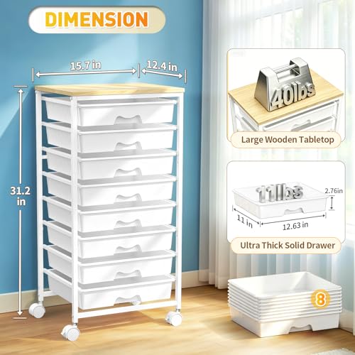 SUNALLY Rolling Cart With 8 Drawers,Storage Drawer Cart for Craft Art,White - color: White