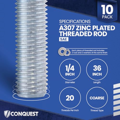 Conquest A307 Zinc Plated Threaded Rod 1/4"-20 x 36 - size: 1/4"-20 x 3'