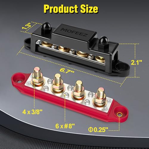 MOFEEZ Power Distribution Block Bus Bar, 4 x 3/8" Posts, 6 x #8 Screws Terminals, Max 48V 250A (Pair, Red & Black) - size: 4 x 3/8"