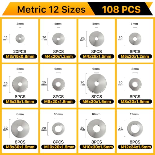 108PCS Flat Washers Assortment Kit, 304 Stainless Steel Washers - style: 108PCS (Metric)