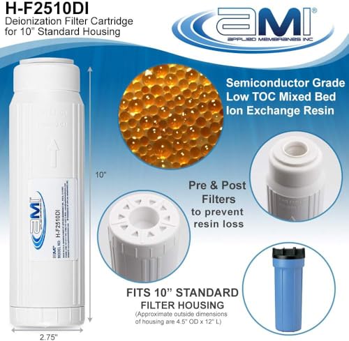 APPLIED MEMBRANES INC Deionization Water Filter Cartridge for Ultra Pure Water | 10 Inch Standard DI Filter | High Purity Semiconductor Grade Mixed Bed DI Resin | Great for Aquarium and Reef H-F2510DI - size: 2.75" x 10"